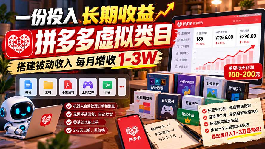 一份投入长期收益，拼多多虚拟类目，搭建被动收入每月增收 1-3W-星阳网创