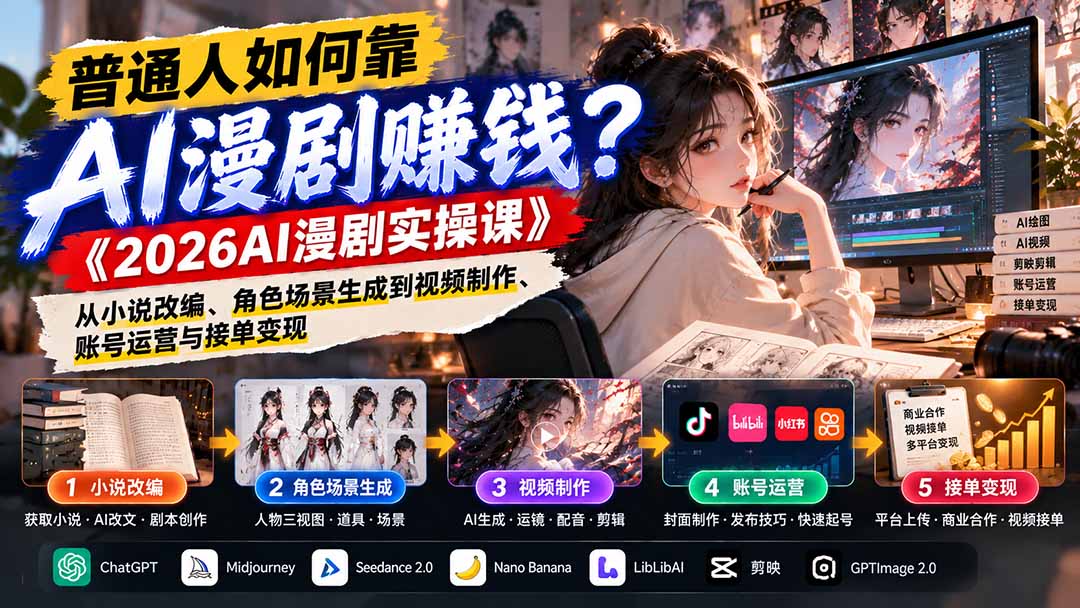 普通人如何靠AI漫剧赚钱？《2026AI漫剧实操课》从小说改编、角色场景生成到视频制作、账号运营与接单变现-星阳网创