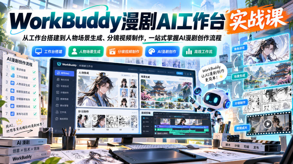 WorkBuddy漫剧AI工作台实战课:从工作台搭建到人物场景生成、分镜视频制作,一站式掌握AI漫剧创作流程