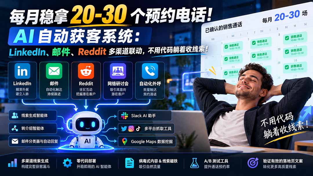 每月稳拿 20-30 个预约电话!AI 自动获客系统:LinkedIn、邮件、Reddit 多渠道联动,不用代码躺着收线索!-星阳网创