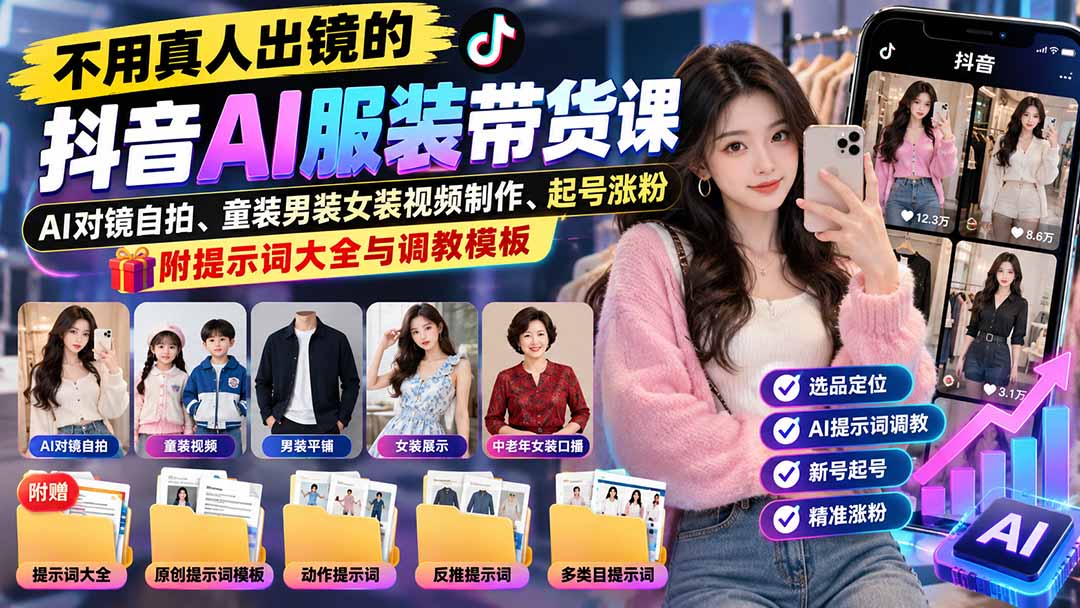 不用真人出镜的抖音AI服装带货课:AI对镜自拍、童装男装女装视频制作、起号涨粉,附提示词大全与调教模板-星阳网创