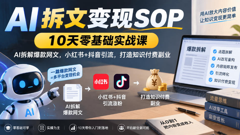 AI拆文变现SOP|10天零基础实战课,AI拆解爆款网文,小红书+抖音引流,打造知识付费副业-星阳网创