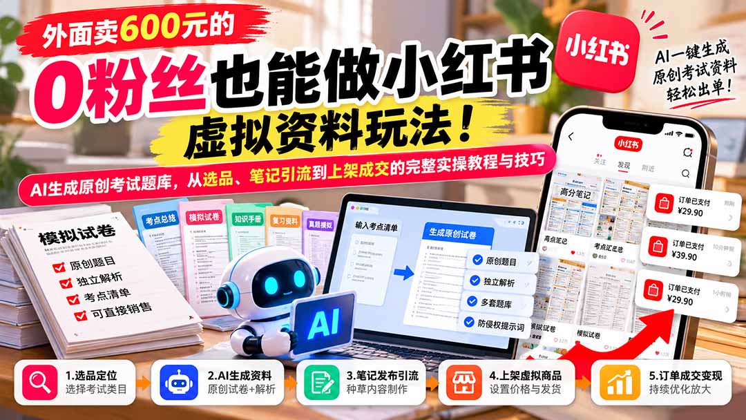 外面卖600元的 零粉丝也能做小红书虚拟资料玩法!AI生成原创考试题库,从选品、笔记引流到上架成交的完整实操教程-星阳网创