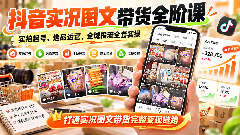 抖音实况图文带货全阶课|实拍起号、选品运营、全域投流全套实操,打通实况图文带货完整变现链路-星阳网创