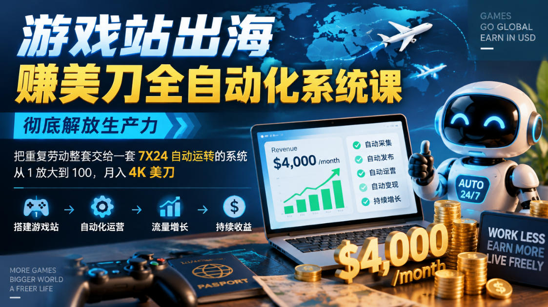 游戏站出海賺美刀全自动化系统课,彻底解放生产力--把重复劳动整套交给一套7X24自动运转的系统,从1放大到100,月入4K美刀-星阳网创