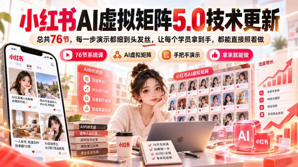 小红书AI虚拟矩阵5.0技术更新，总共76节，每一步演示都细到头发丝，让每个学员拿到手，都能直接照着做-星阳网创