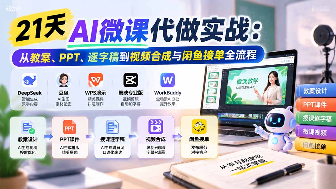 21天AI微课代做实战:从教案、PPT、逐字稿到视频合成与闲鱼接单全流程-星阳网创