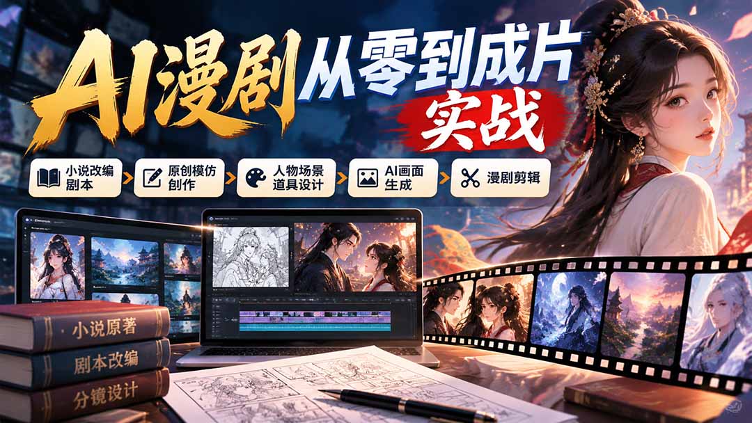 AI漫剧从零到成片实战：小说改编剧本、原创模仿创作、人物场景道具设计、AI画面生成与漫剧剪辑-星阳网创
