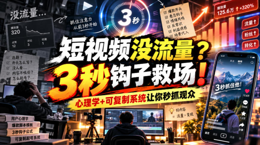 【无水印】短视频没流量?3秒钩子救场!心理学+可复制系统让你秒抓观众【原创双语字幕】-星阳网创