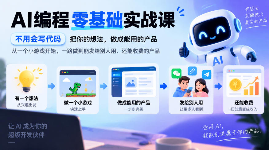 AI编程零基础实战课，不用会写代码，把你的想法，做成能用的产品，从一个小游戏开始，一路做到能发给别人用、还能收费的产品-星阳网创