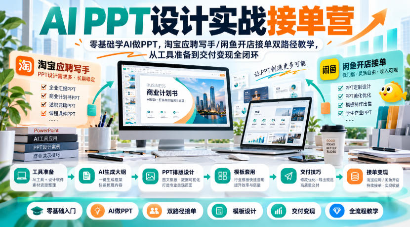 AI PPT设计实战接单营｜零基础学AI做PPT，淘宝应聘写手/闲鱼开店接单双路径教学，从工具准备到交付变现全闭环-星阳网创