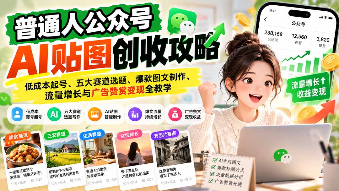 普通人公众号AI贴图创收攻略:低成本起号、五大赛道选题、爆款图文制作、流量增长与广告赞赏变现全教学-星阳网创