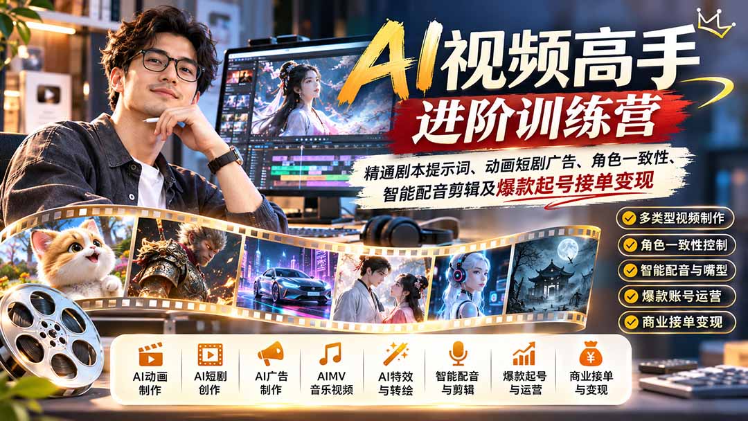 AI视频高手进阶训练营：精通剧本提示词、动画短剧广告、角色一致性、智能配音剪辑及爆款起号接单变现-星阳网创