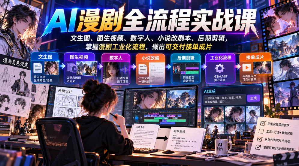AI漫剧全流程实战课,文生图、图生视频、数字人、小说改剧本、后期剪辑,掌握漫剧工业化流程,做出可交付接单成片-星阳网创