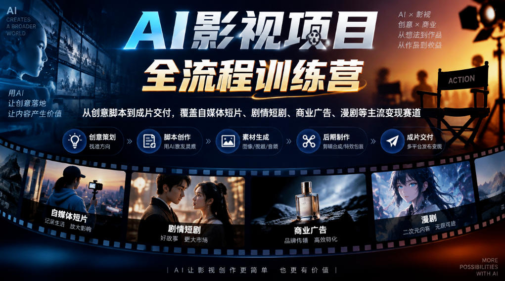 AI影视项目全流程训练营,从创意脚本到成片交付,覆盖自媒体短片、剧情短剧、商业广告、漫剧等主流变现赛道-星阳网创