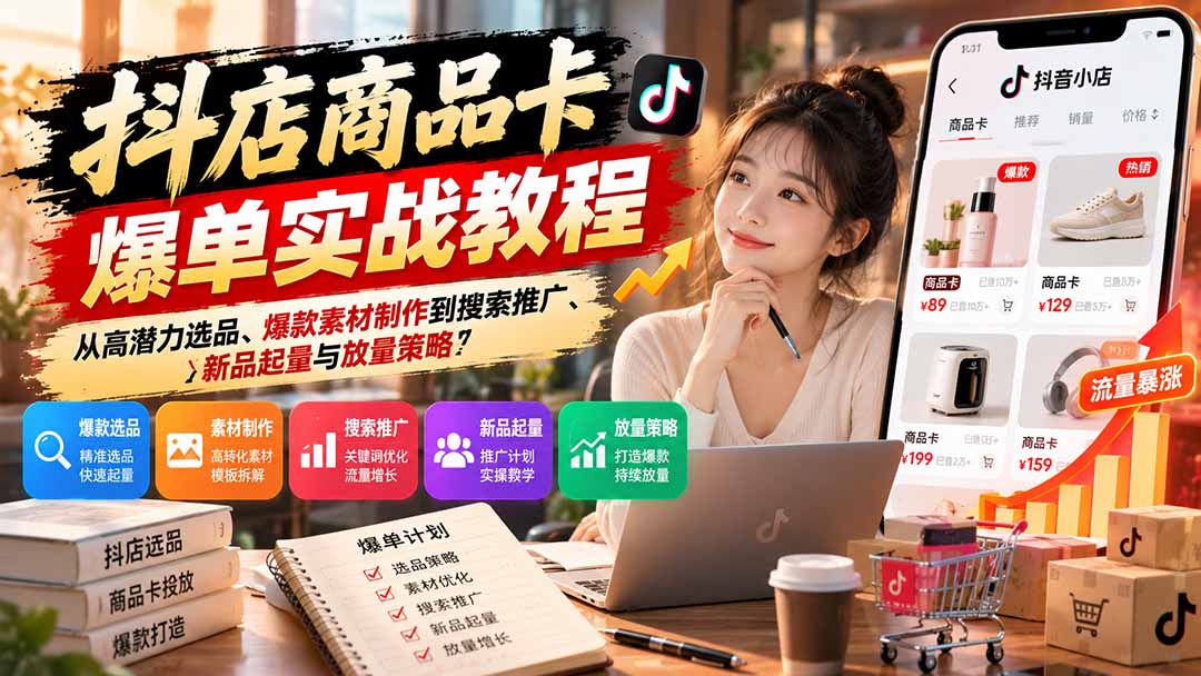 抖店商品卡爆单实战教程:从高潜力选品、爆款素材制作到搜索推广、新品起量与放量策略-星阳网创