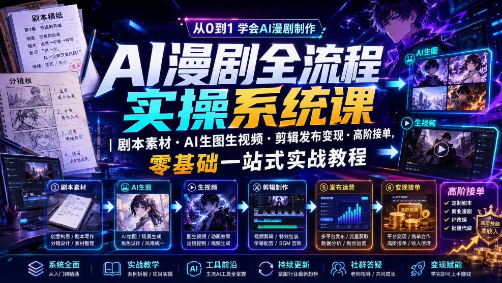 AI漫剧全流程实操系统课｜剧本素材・AI生图生视频・剪辑发布变现・高阶接单，零基础一站式实战教程(更新1027)-星阳网创