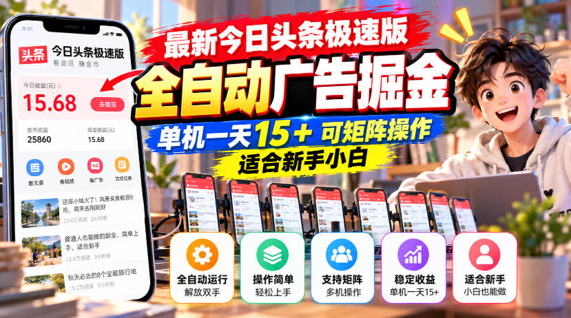 最新今日头条极速版全自动广告掘金,单机一天15+可矩阵操作适合新手小白-星阳网创