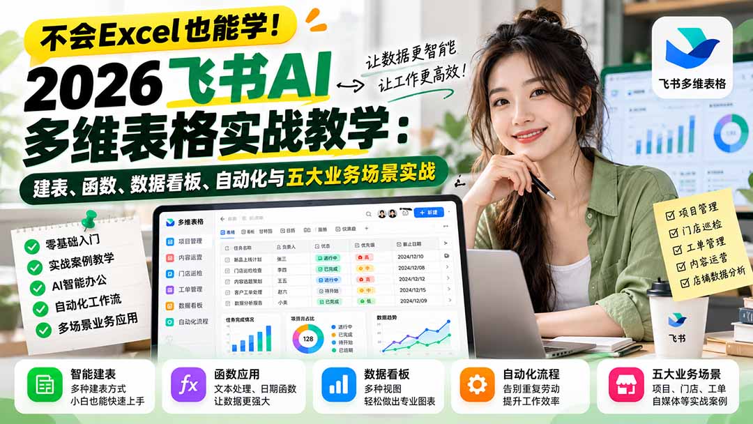 不会Excel也能学!2026飞书AI多维表格实战教学:建表、函数、数据看板、自动化与五大业务场景实战-星阳网创