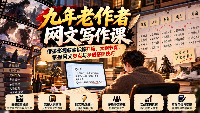 九年老作者网文写作课:借鉴影视叙事拆解开篇、大纲节奏,掌握网文爽点与矛盾搭建技巧-星阳网创