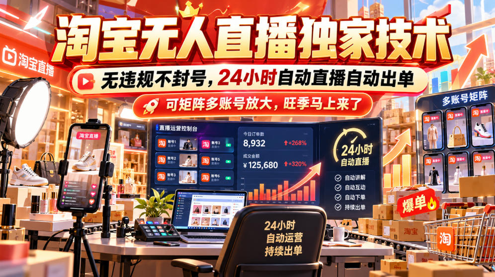 淘宝无人直播独家技术,无违规不封号,24小时自动直播自动出单,可矩阵多账号放大,旺季马上来了【揭秘】-星阳网创