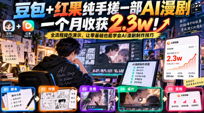 豆包+红果纯手搓一部AI漫剧一个月收获2.3w！全流程操作演示，让零基础也能学会AI漫剧制作技巧-星阳网创