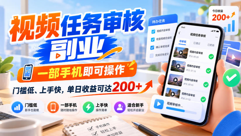 视频任务审核副业，一部手机即可操作，门槛低、上手快，单日收益可达200+【揭秘】