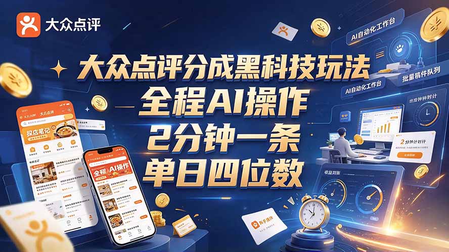 大众点评分成全网独家玩法，AI 全自动出内容，2 分钟一条，小白可冲单日四位数-星阳网创