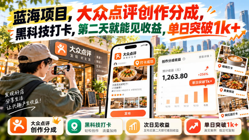 蓝海项目,大众点评创作分成,黑科技打卡,第二天就能见收益,单日突破1k+【揭秘】-星阳网创