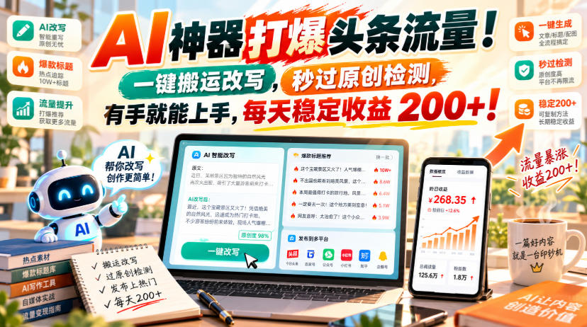 AI神器打爆头条流量，一键搬运改写，秒过原创检测，有手就能上手，每天稳定收益200+！【揭秘】-星阳网创