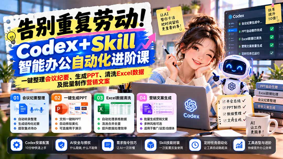 告别重复劳动!Codex+Skill智能办公自动化进阶课:一键整理会议纪要、生成PPT、清洗Excel数据及批量制作营销文案-星阳网创