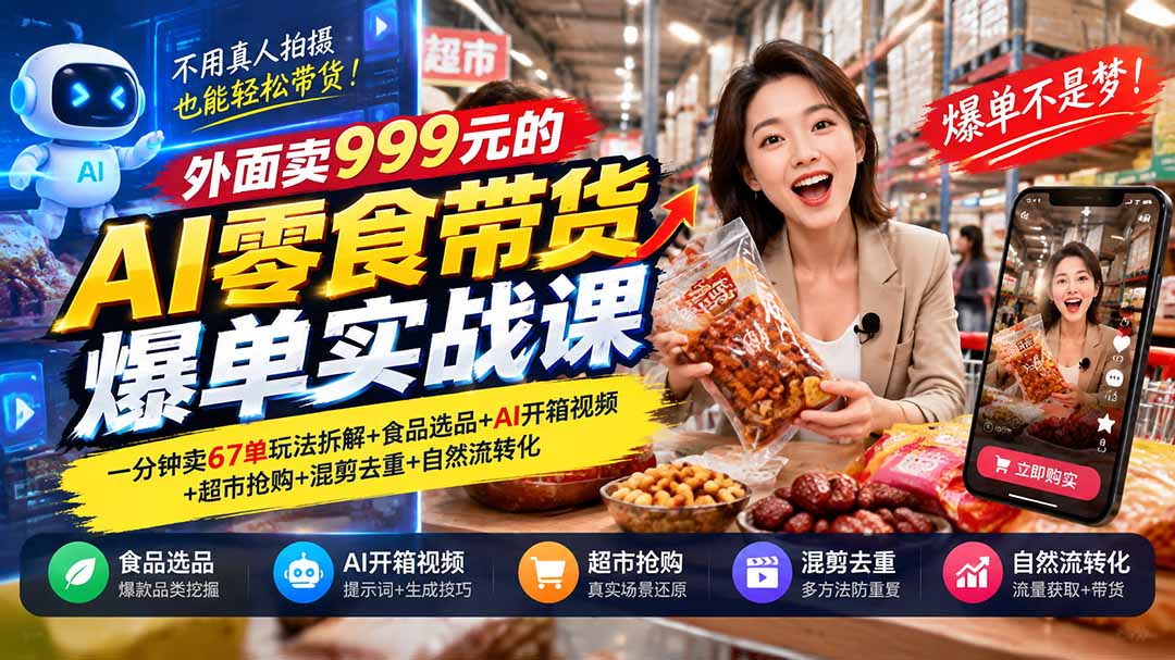 外面卖999元的AI零食带货爆单实战课|一分钟卖67单玩法拆解+食品选品+AI开箱视频+超市抢购+混剪去重+自然流转化-星阳网创