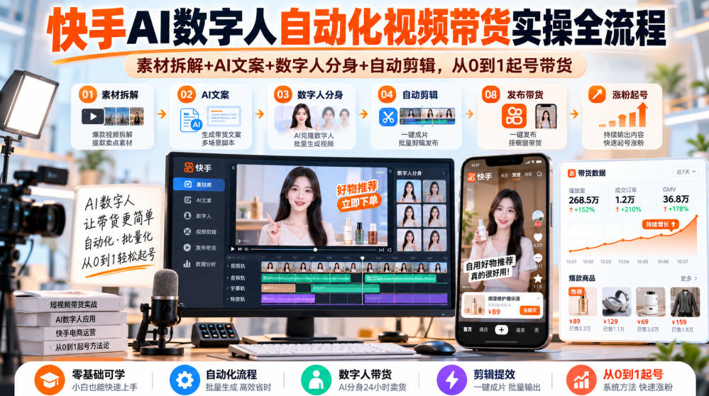 快手AI数字人自动化视频带货实操全流程|素材拆解+AI文案+数字人分身+自动剪辑,从0到1起号带货(更新26年)-星阳网创