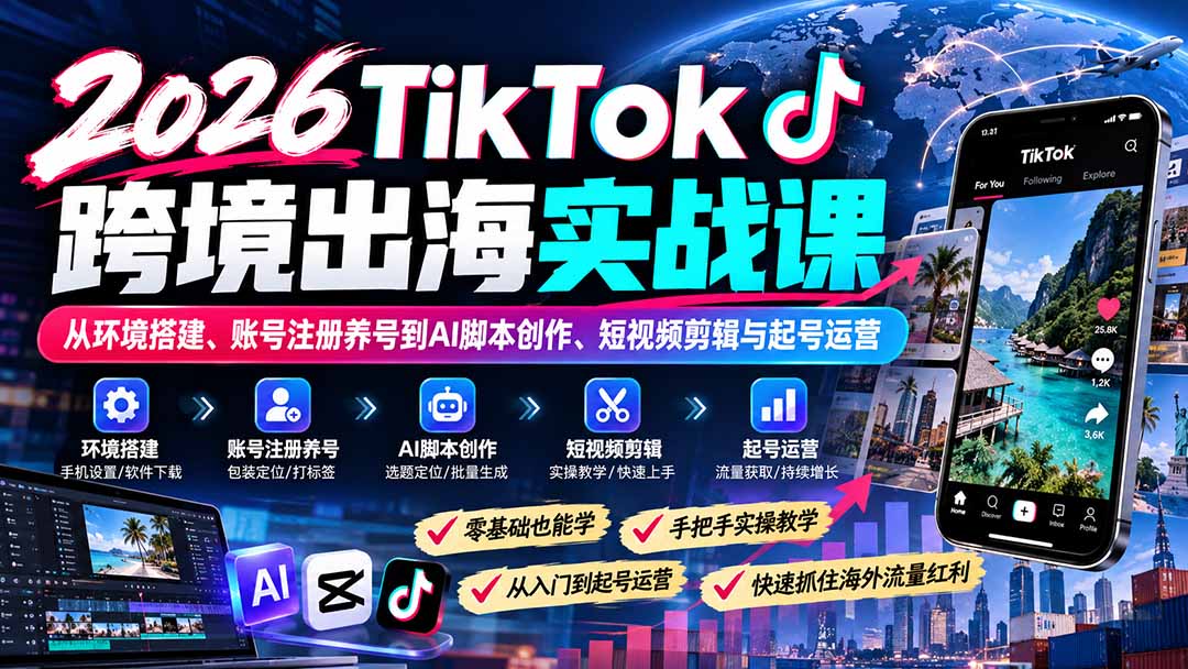2026TikTok跨境出海实战课:从环境搭建、账号注册养号到AI脚本创作、短视频剪辑与起号运营-星阳网创