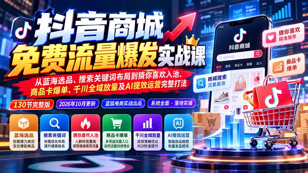 抖音商城免费流量爆发实战:从蓝海选品、搜索关键词布局到猜你喜欢入池、商品卡爆单、千川全域放量及AI提效完整打法-星阳网创