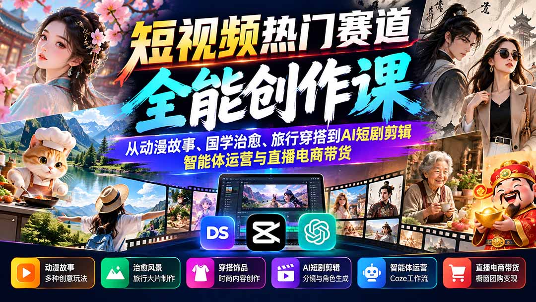 短视频热门赛道全能创作课:从动漫故事、国学治愈、旅行穿搭到AI短剧剪辑、智能体运营与直播电商带货-星阳网创