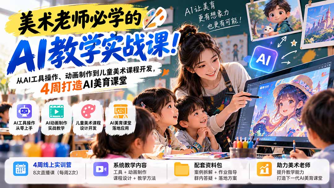 美术老师必学的AI教学实战课!从AI工具操作、动画制作到儿童美术课程开发,4周打造AI美育课堂-星阳网创