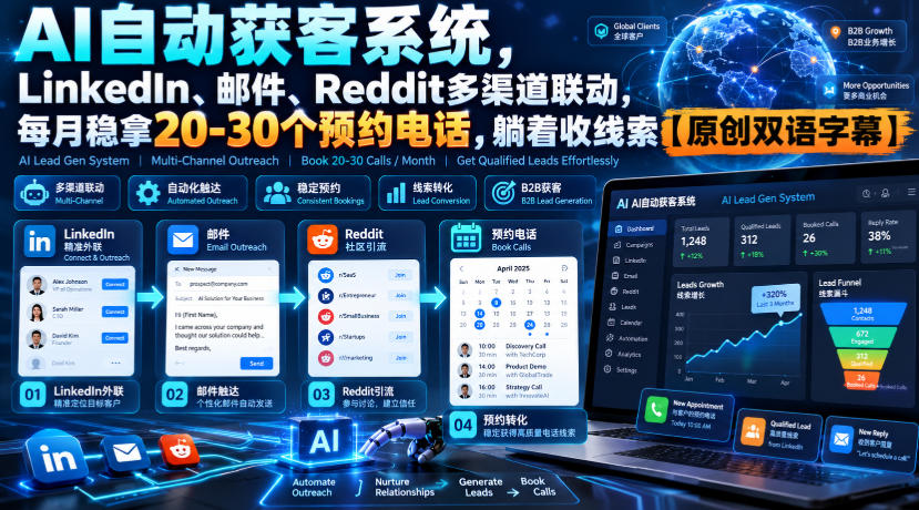 【无水印】AI自动获客系统,LinkedIn、邮件、Reddit多渠道联动,每月稳拿20-30个预约电话,躺着收线索【原创双语字幕】-星阳网创