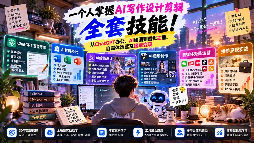 一个人掌握AI写作设计剪辑全套技能:从ChatGPT办公、AI绘画到虚拟主播、自媒体运营及接单变现-星阳网创