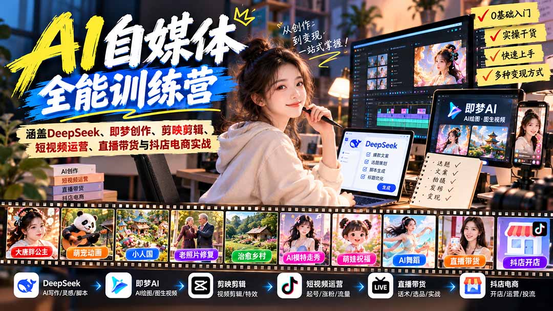 【无水印】AI+自媒体全能训练营：涵盖DeepSeek、即梦创作、剪映剪辑、短视频运营、直播带货与抖店电商实战-星阳网创