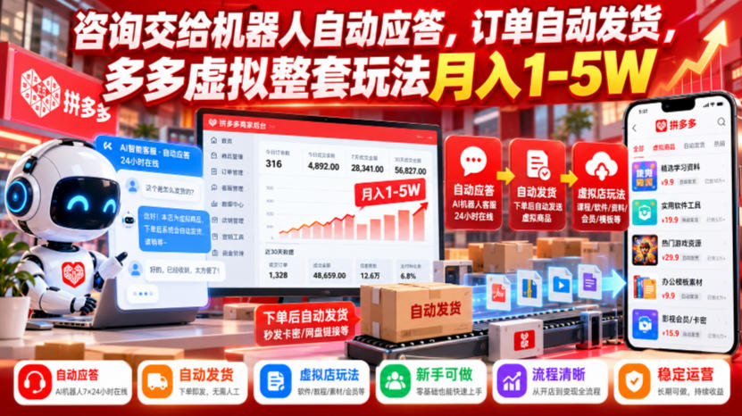 咨询交给机器人自动应答,订单自动发货,多多虚拟整套玩法月入1-5W【揭秘】-星阳网创
