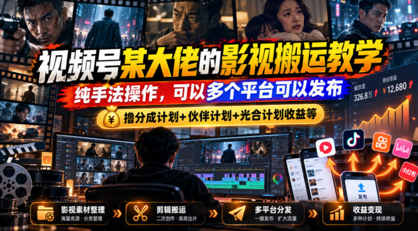 视频号某大佬的影视搬运教学,纯手法操作,可以多个平台可以发布,撸分成计划+伙伴计划+光合计划收益等-星阳网创