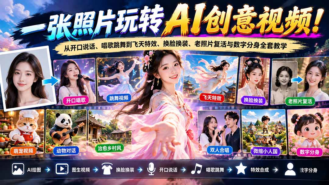 一张照片玩转AI创意视频!从开口说话、唱歌跳舞到飞天特效、换脸换装、老照片复活与数字分身全套教学-星阳网创