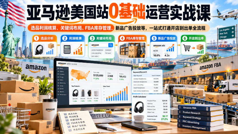 亚马逊美国站0基础运营实战课|选品利润核算、关键词布局、FBA库存管理、新品广告投放等,一站式打通开店到出单全流程-星阳网创