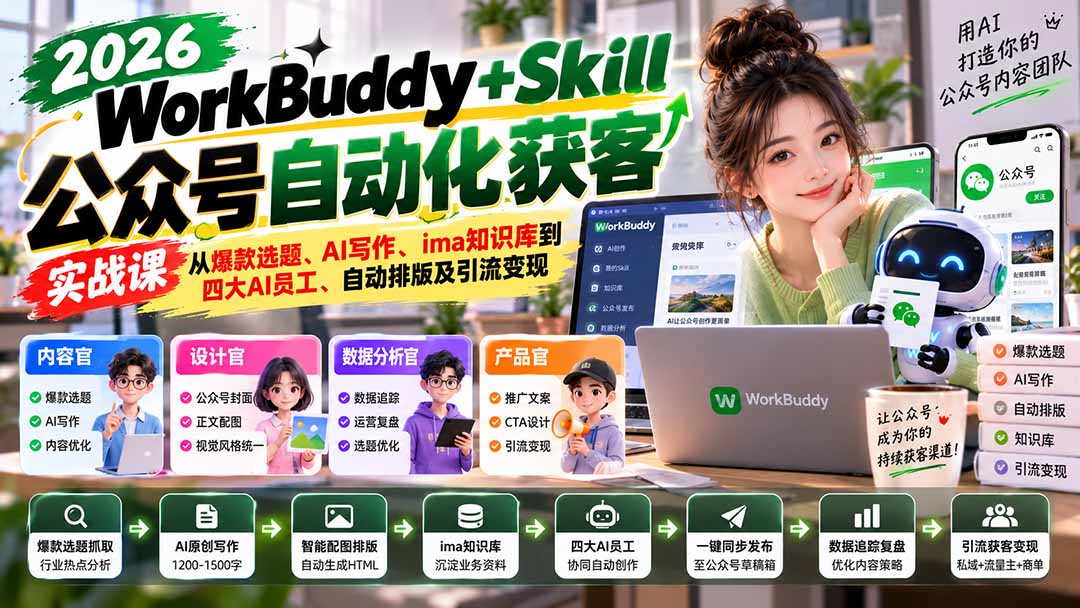 WorkBuddy + Skill公众号自动化获客实战课:从爆款选题、AI写作、ima知识库到四大AI员工、自动排版及引流变现-星阳网创