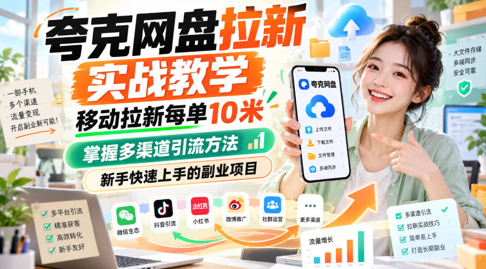 夸克网盘拉新实战教学,移动拉新每单10米,掌握多渠道引流方法,新手快速上手的副业项目(更新1023)