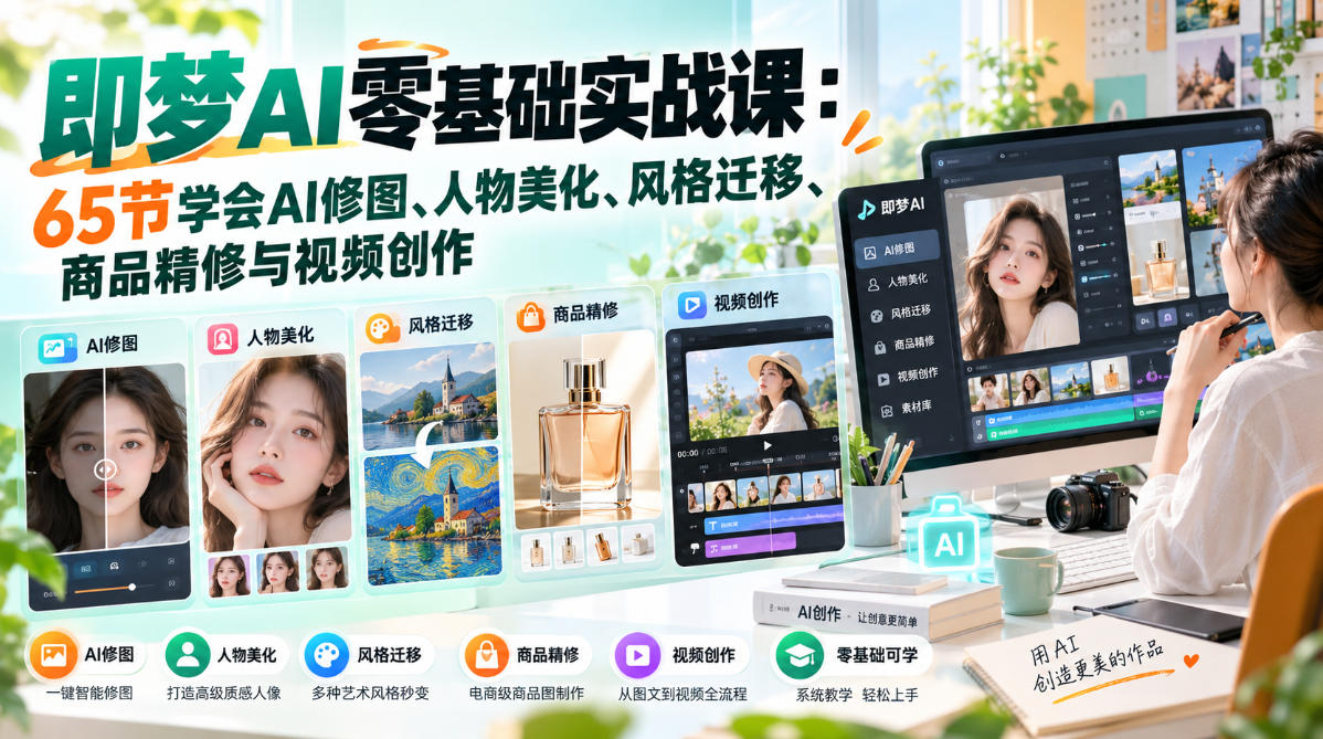 即梦AI零基础实战课:65节学会AI修图、人物美化、风格迁移、商品精修与视频创作-星阳网创
