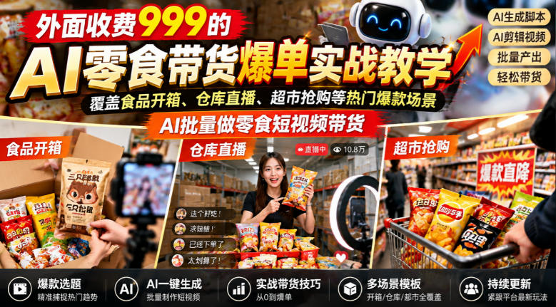 外面收费999的AI零食带货爆单实战教学,覆盖食品开箱、仓库直播、超市抢购等热门爆款场景,AI批量做零食短视频带货-星阳网创