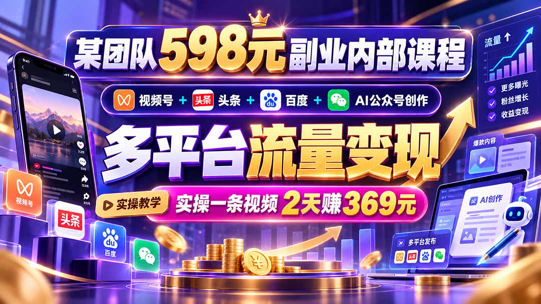 某团队598元副业内部课程:视频号+头条+百度+AI公众号创作、多平台流量变现,实操一条视频2天赚369元-星阳网创