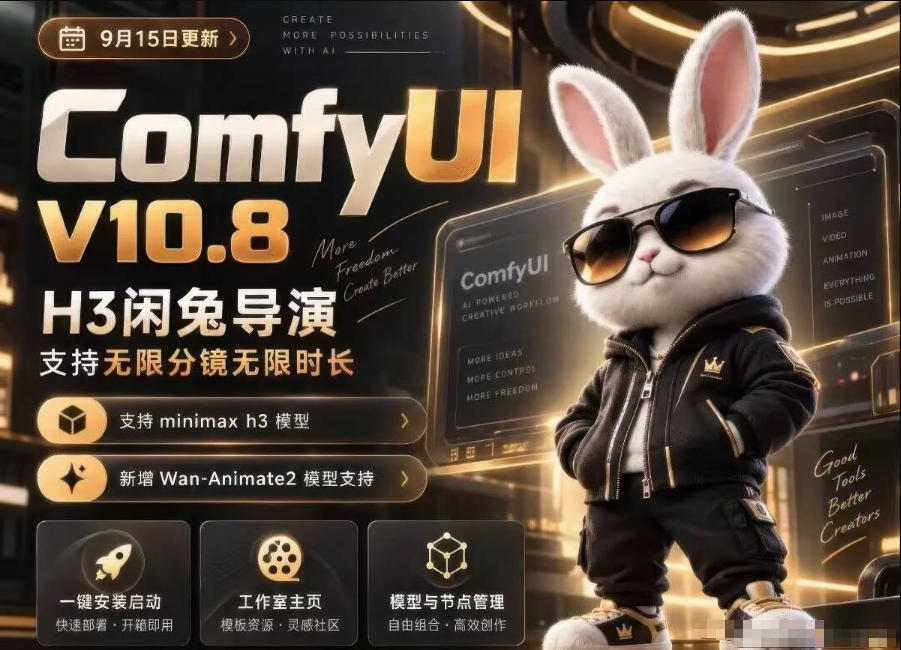 ComfyUI V10.8中文整合包,H3闲兔导演,支持无限分镜无限时长,1000+工作流,动作迁移,角色替换,视频一致性,口型同步,低显存可用-星阳网创